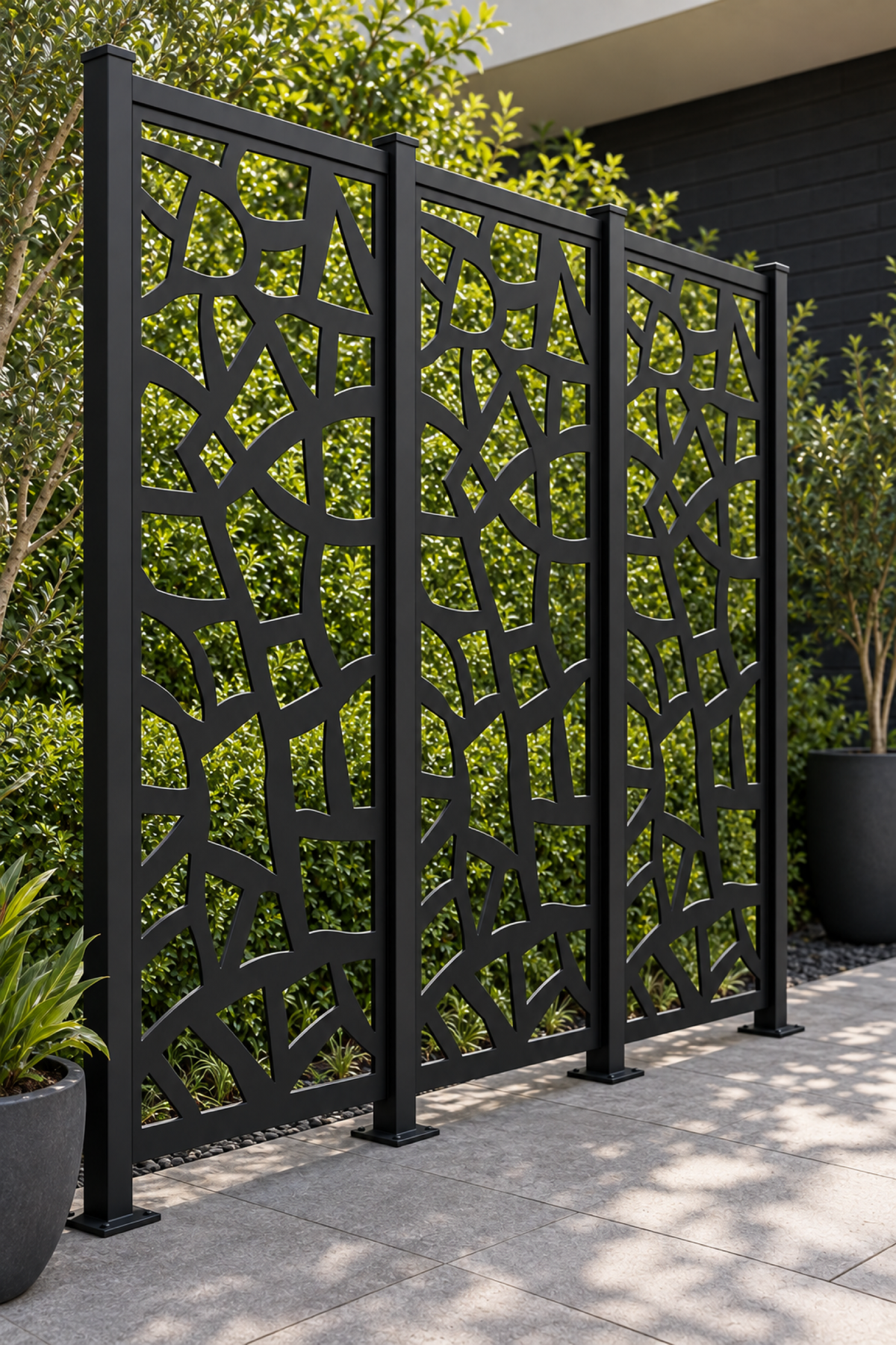 Design 252 Asymmetric Stone Grid Laser Cut Metal Privacy Screen Panel oblique angle view