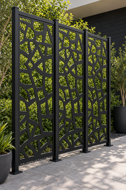 Design 252 Asymmetric Stone Grid Laser Cut Metal Privacy Screen Panel oblique angle view