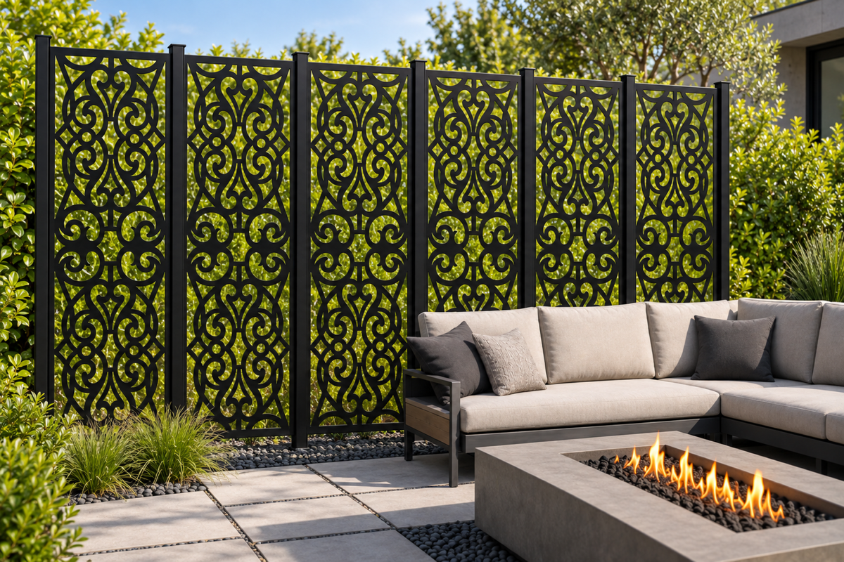 Design 253 Gothic Acanthus Medallions Laser Cut Metal Privacy Screen Panel installed garden daylight view