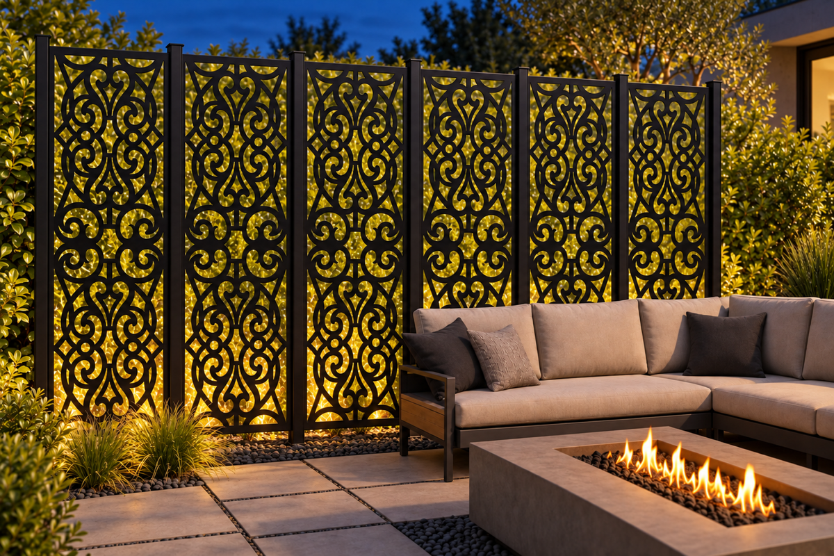 Design 253 Gothic Acanthus Medallions Laser Cut Metal Privacy Screen Panel installed garden night lighting view