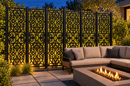 Design 253 Gothic Acanthus Medallions Laser Cut Metal Privacy Screen Panel installed garden night lighting view
