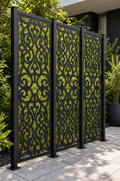 Design 253 Gothic Acanthus Medallions Laser Cut Metal Privacy Screen Panel oblique angle view