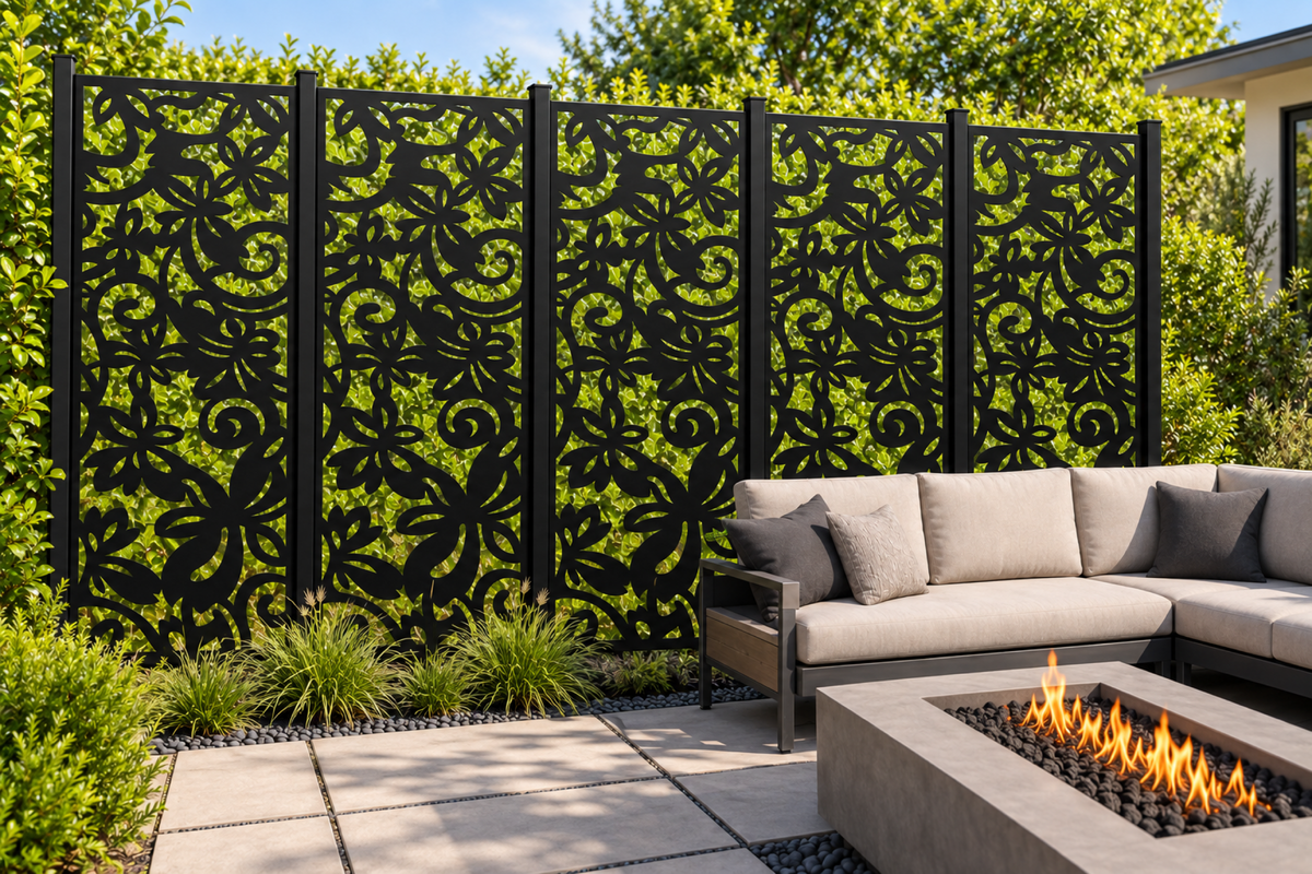 Design 254 Daisy Curl Garden Laser Cut Metal Privacy Screen Panel installed garden daylight view