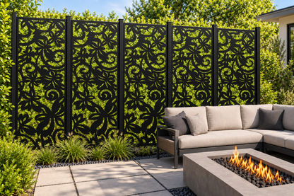 Design 254 Daisy Curl Garden Laser Cut Metal Privacy Screen Panel installed garden daylight view