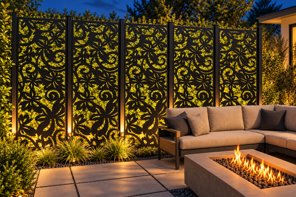 Design 254 Daisy Curl Garden Laser Cut Metal Privacy Screen Panel installed garden night lighting view