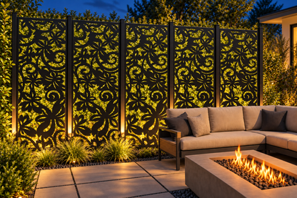 Design 254 Daisy Curl Garden Laser Cut Metal Privacy Screen Panel installed garden night lighting view