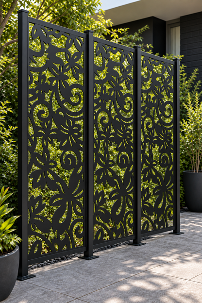 Design 254 Daisy Curl Garden Laser Cut Metal Privacy Screen Panel oblique angle view