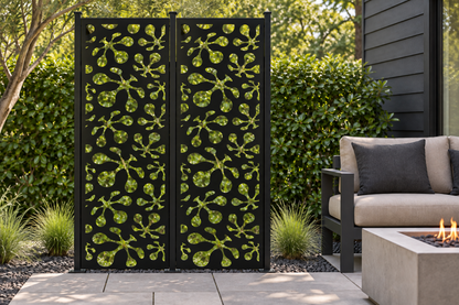 Design 255 Starburst Pebble Scatter Laser Cut Metal Privacy Screen Panel installed garden daylight view