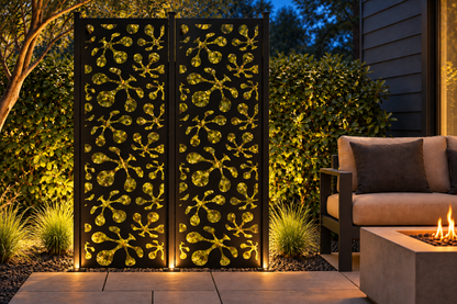 Design 255 Starburst Pebble Scatter Laser Cut Metal Privacy Screen Panel installed garden night lighting view