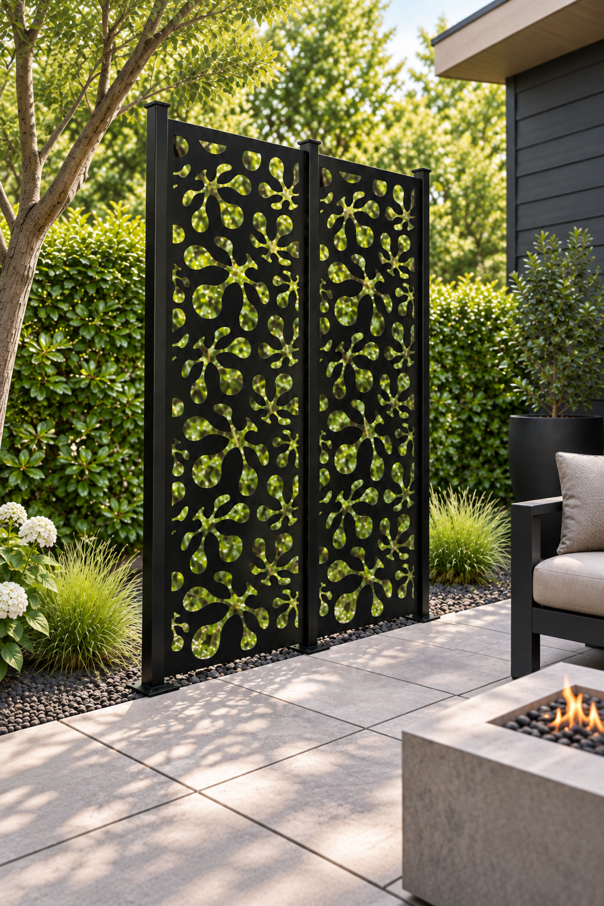 Design 255 Starburst Pebble Scatter Laser Cut Metal Privacy Screen Panel oblique angle view