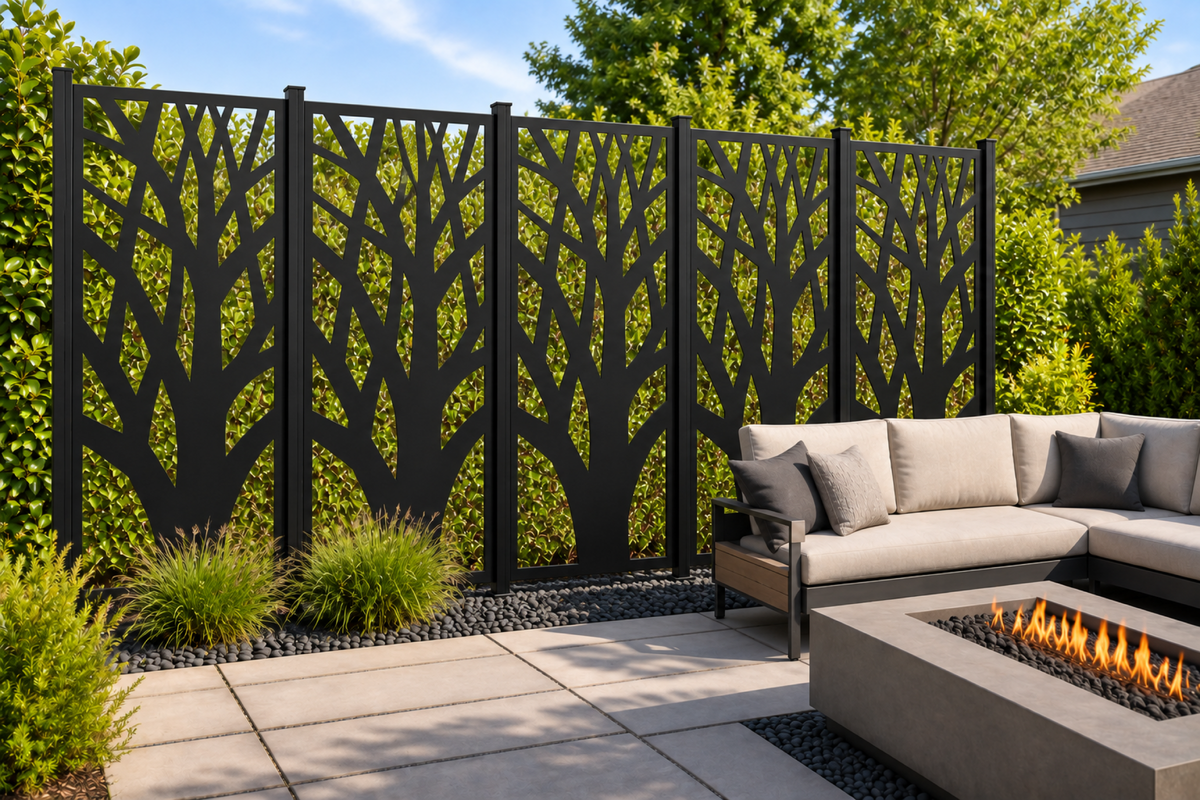 Design 256 Forest Trunk Branches Laser Cut Metal Privacy Screen Panel installed garden daylight view