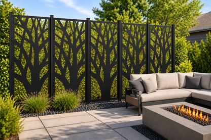 Design 256 Forest Trunk Branches Laser Cut Metal Privacy Screen Panel installed garden daylight view