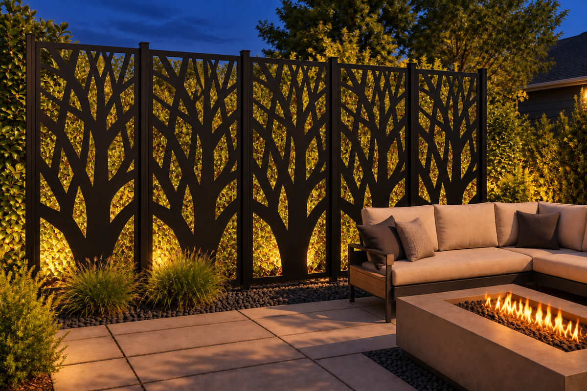 Design 256 Forest Trunk Branches Laser Cut Metal Privacy Screen Panel installed garden night lighting view