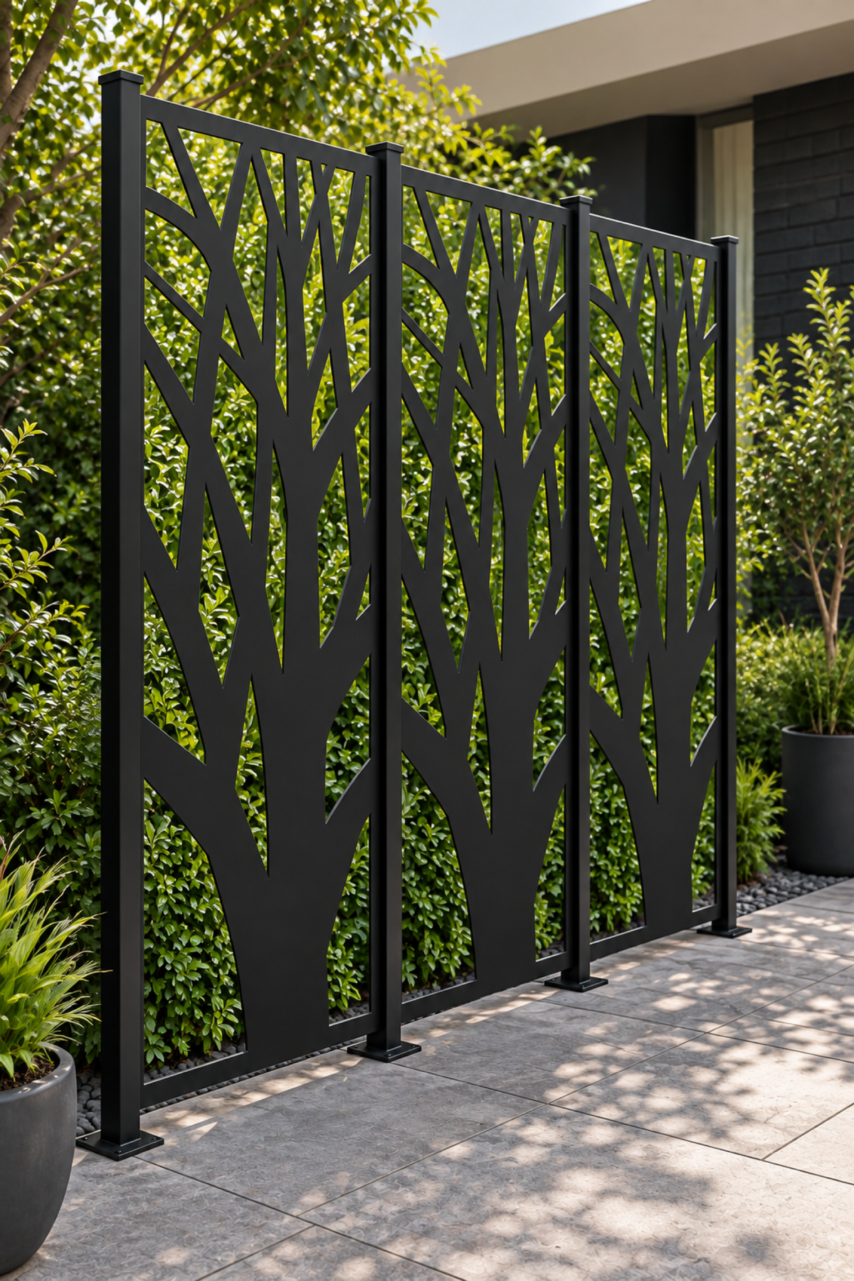 Design 256 Forest Trunk Branches Laser Cut Metal Privacy Screen Panel oblique angle view