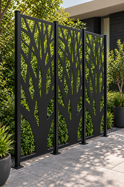 Design 256 Forest Trunk Branches Laser Cut Metal Privacy Screen Panel oblique angle view