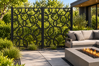 Design 257 Overlapping Circle Field Laser Cut Metal Privacy Screen Panel installed garden daylight view