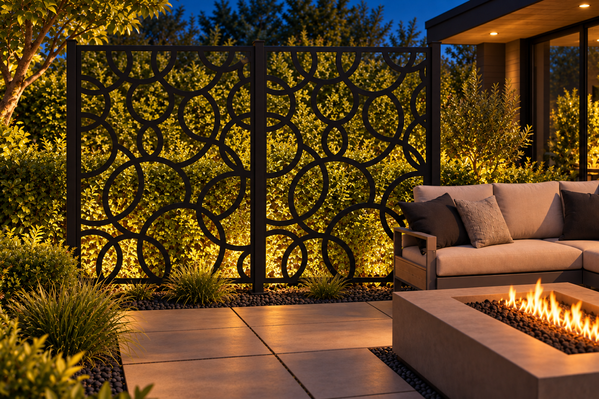 Design 257 Overlapping Circle Field Laser Cut Metal Privacy Screen Panel installed garden night lighting view