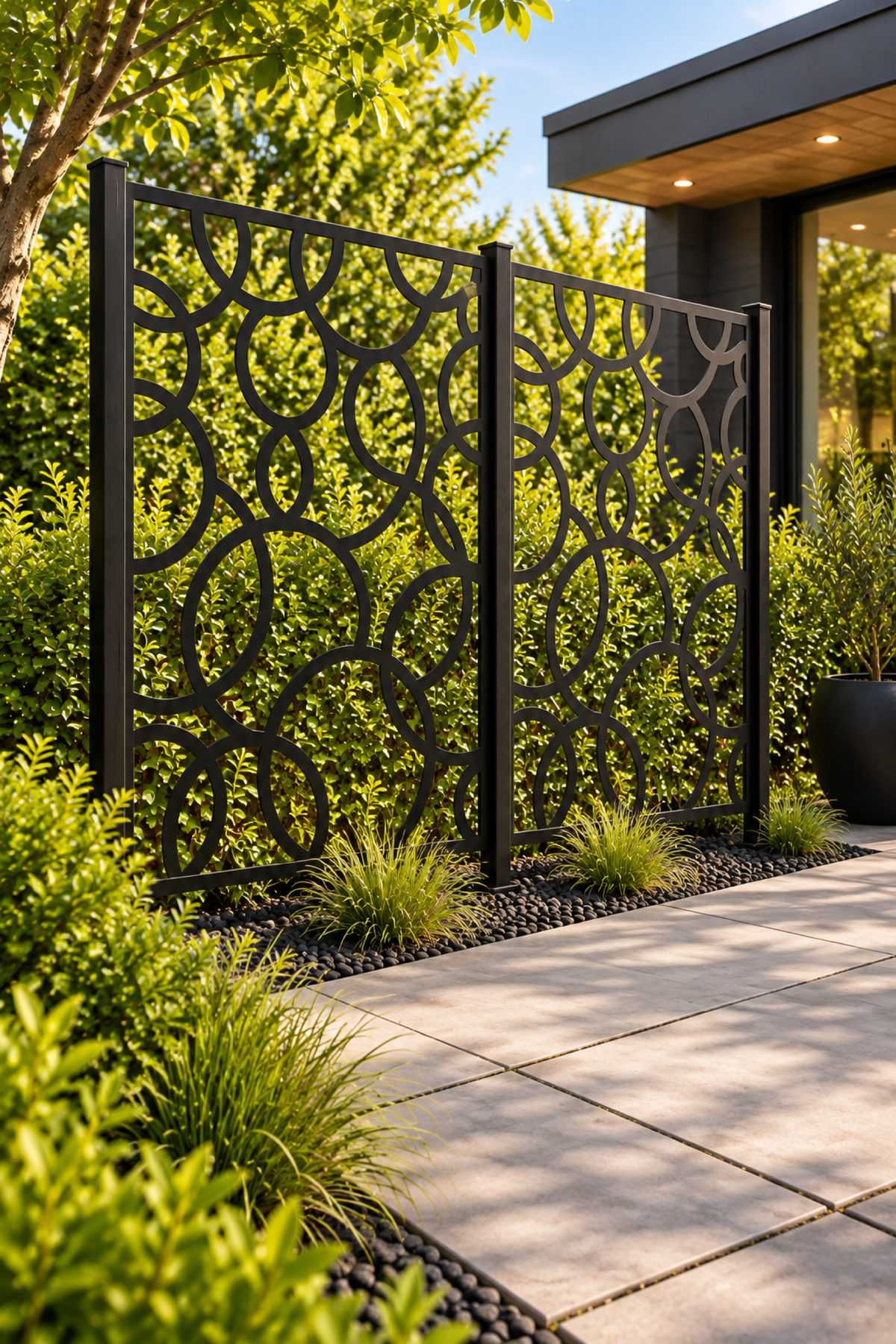 Design 257 Overlapping Circle Field Laser Cut Metal Privacy Screen Panel oblique angle view