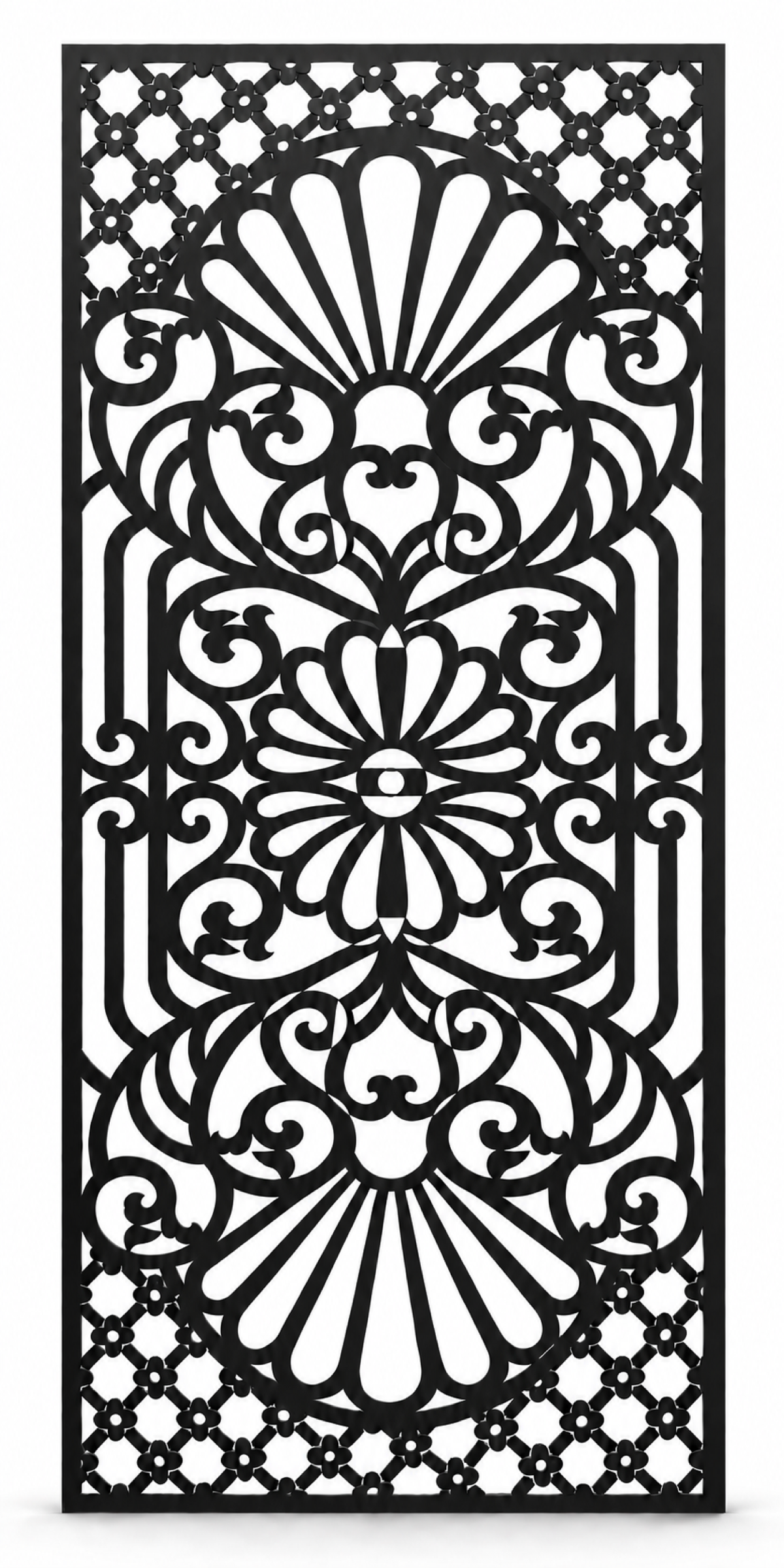 Design 258 Triple Fan Damask Laser Cut Metal Privacy Screen Panel front main view