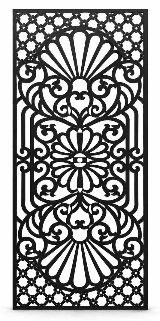 Design 258 Triple Fan Damask Laser Cut Metal Privacy Screen Panel front main view