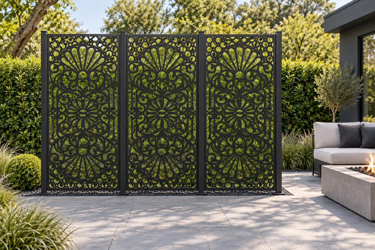 Design 258 Triple Fan Damask Laser Cut Metal Privacy Screen Panel installed garden daylight view