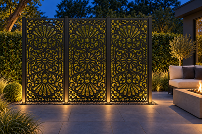 Design 258 Triple Fan Damask Laser Cut Metal Privacy Screen Panel installed garden night lighting view