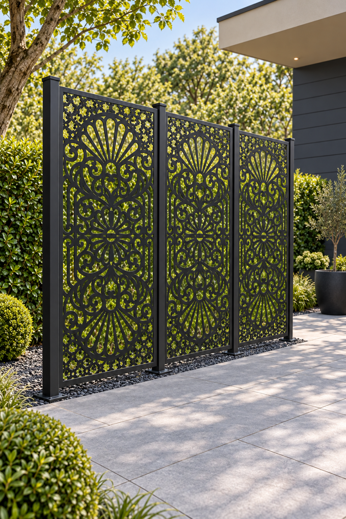 Design 258 Triple Fan Damask Laser Cut Metal Privacy Screen Panel oblique angle view