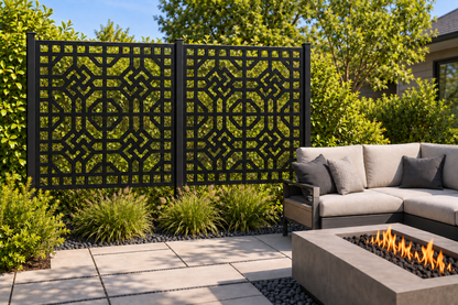 Design 259 Deco Knot Grid Laser Cut Metal Privacy Screen Panel installed garden daylight view