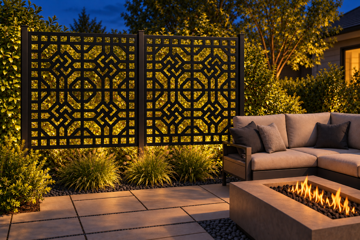 Design 259 Deco Knot Grid Laser Cut Metal Privacy Screen Panel installed garden night lighting view