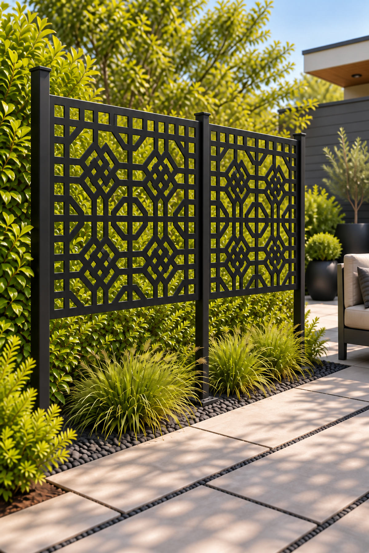 Design 259 Deco Knot Grid Laser Cut Metal Privacy Screen Panel oblique angle view