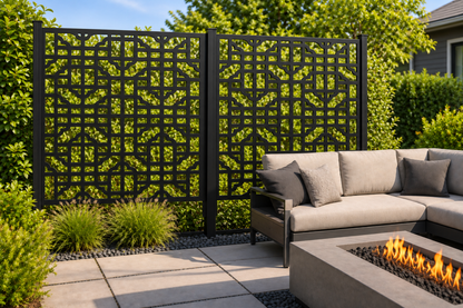 Design 260 Octagon Lattice Tile Laser Cut Metal Privacy Screen Panel installed garden daylight view
