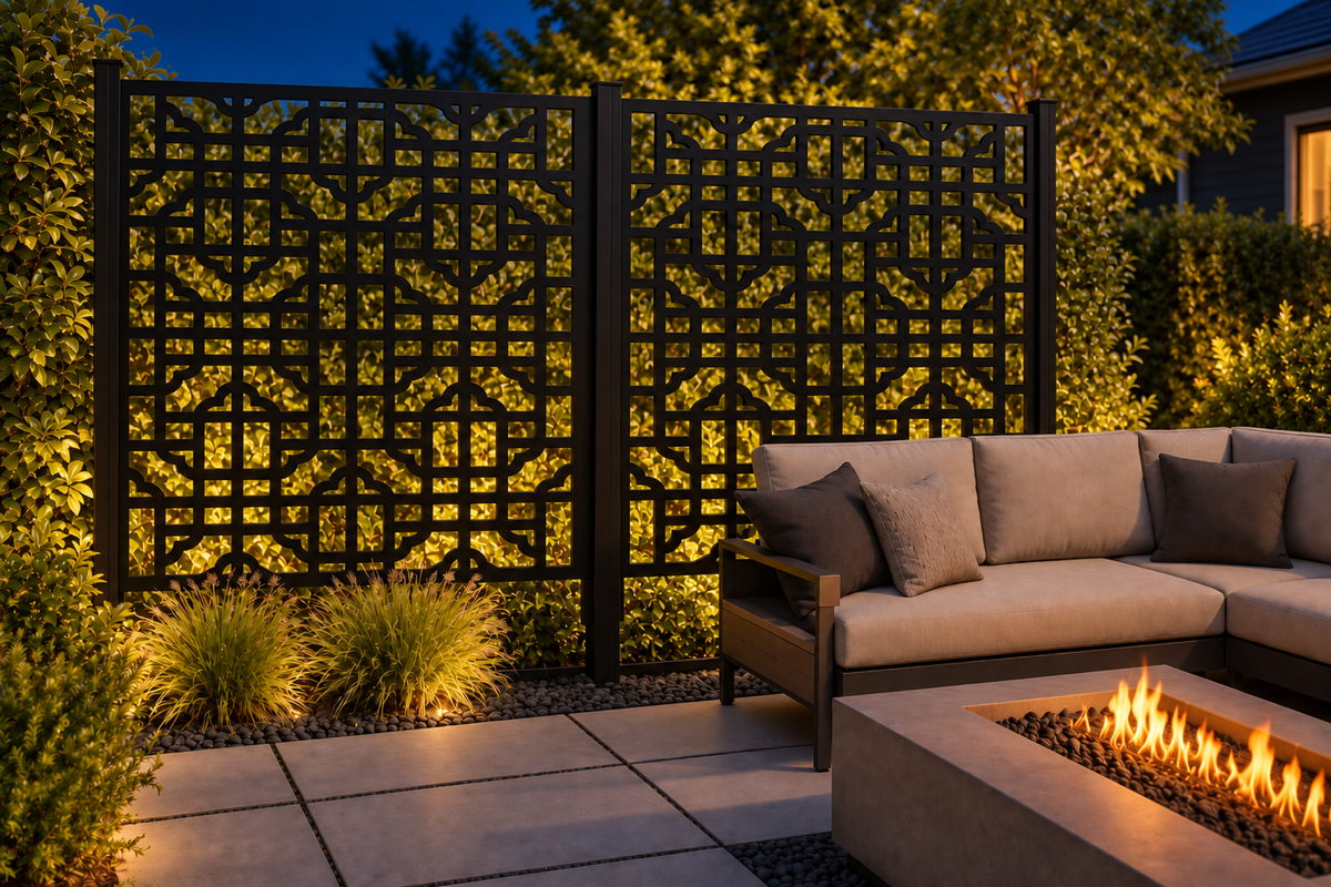 Design 260 Octagon Lattice Tile Laser Cut Metal Privacy Screen Panel installed garden night lighting view