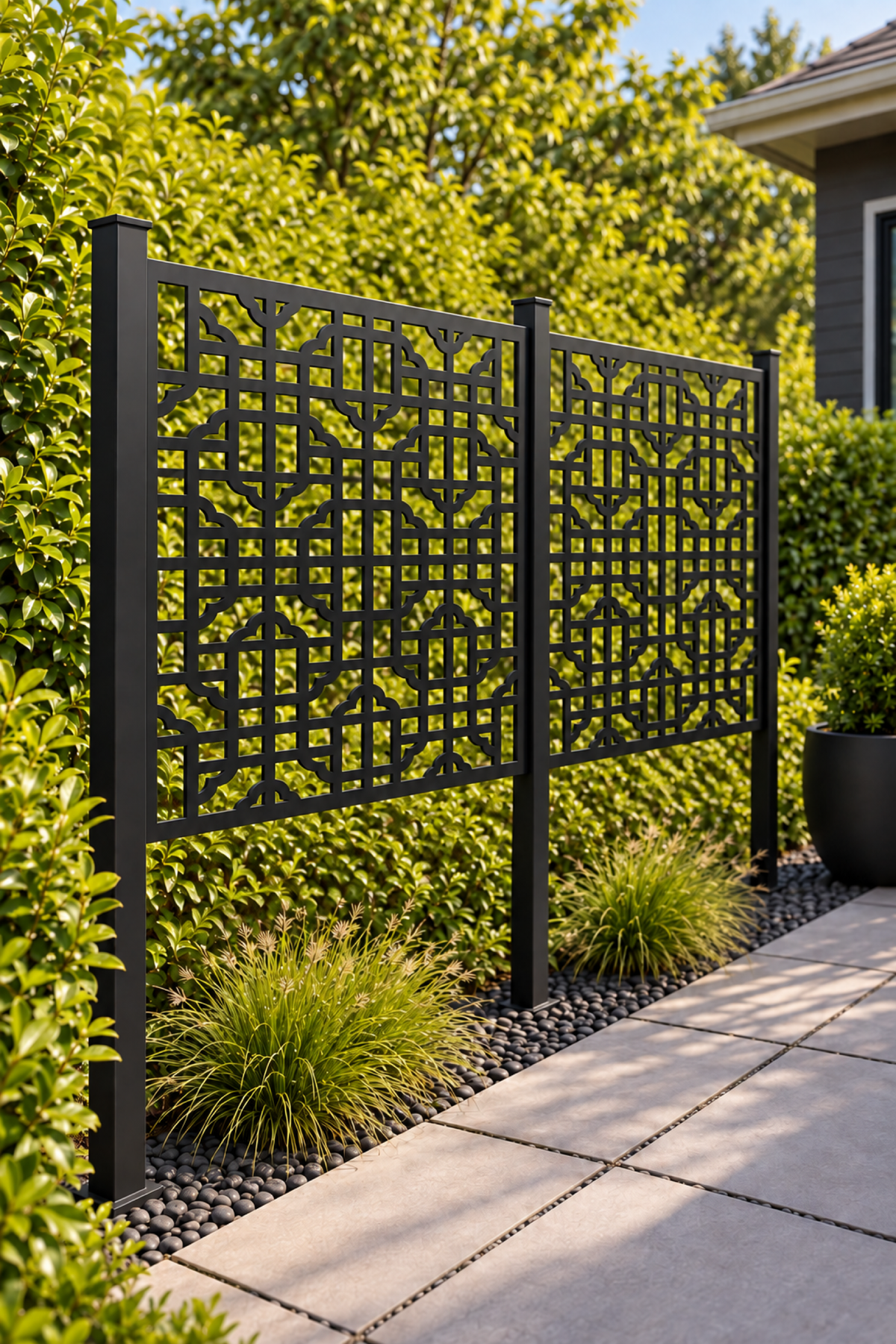 Design 260 Octagon Lattice Tile Laser Cut Metal Privacy Screen Panel oblique angle view