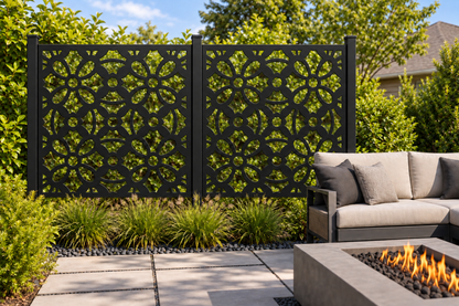 Design 261 Daisy Trellis Tile Laser Cut Metal Privacy Screen Panel installed garden daylight view