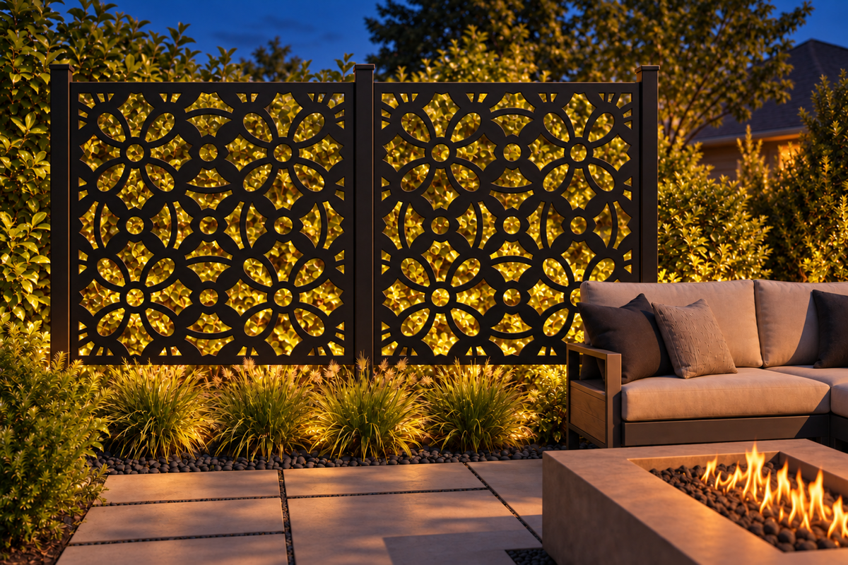 Design 261 Daisy Trellis Tile Laser Cut Metal Privacy Screen Panel installed garden night lighting view