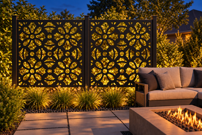 Design 261 Daisy Trellis Tile Laser Cut Metal Privacy Screen Panel installed garden night lighting view