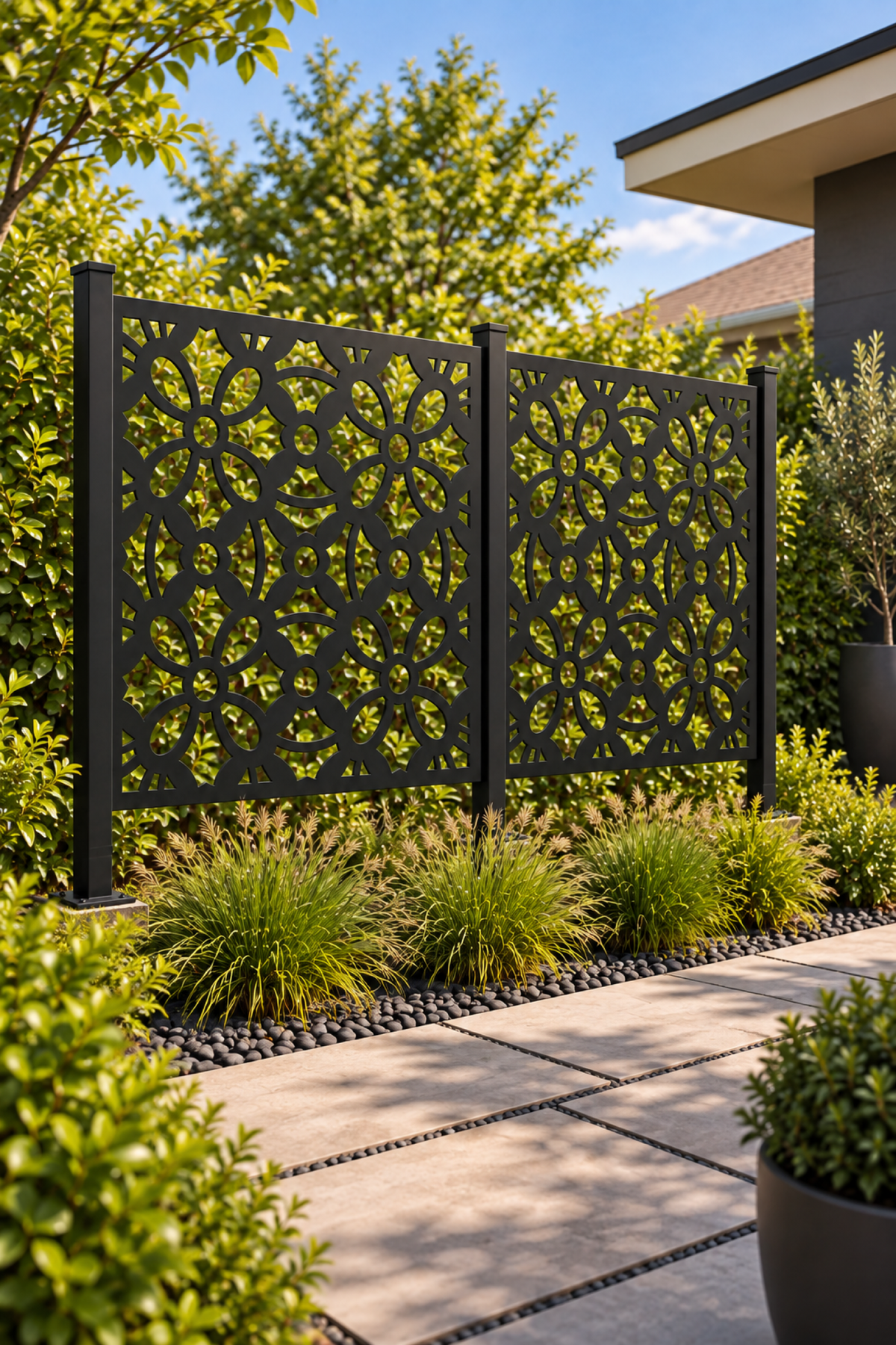 Design 261 Daisy Trellis Tile Laser Cut Metal Privacy Screen Panel oblique angle view
