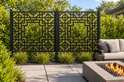 Design 262 Framed Octagon Lattice Laser Cut Metal Privacy Screen Panel installed garden daylight view