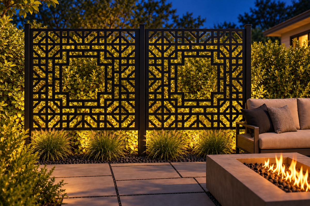 Design 262 Framed Octagon Lattice Laser Cut Metal Privacy Screen Panel installed garden night lighting view