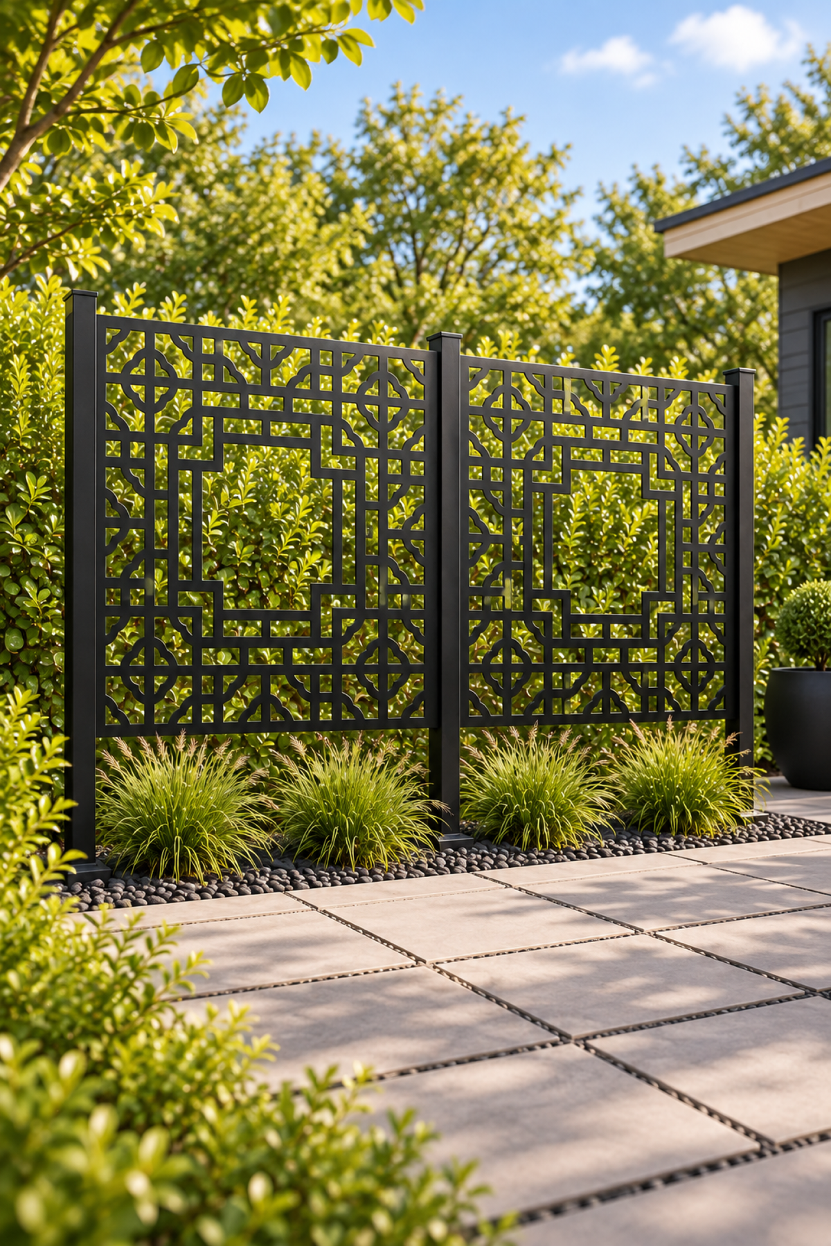 Design 262 Framed Octagon Lattice Laser Cut Metal Privacy Screen Panel oblique angle view