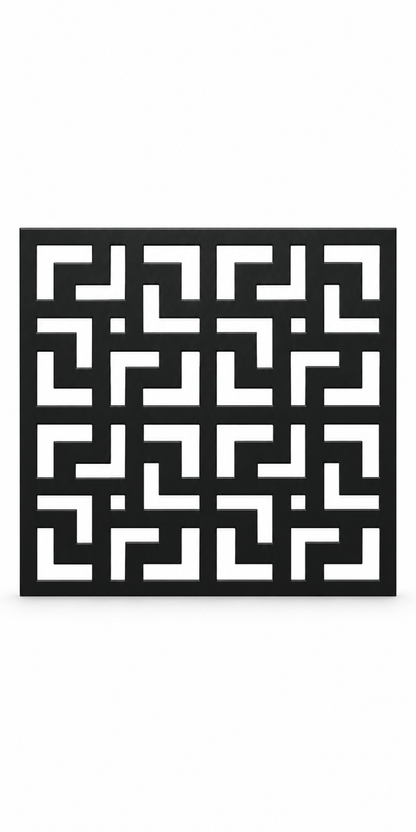 Design 264 Greek Key Maze Tile Laser Cut Metal Privacy Screen Panel front main view