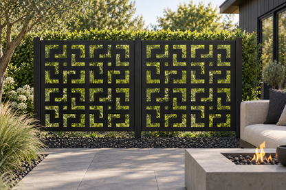 Design 264 Greek Key Maze Tile Laser Cut Metal Privacy Screen Panel installed garden daylight view