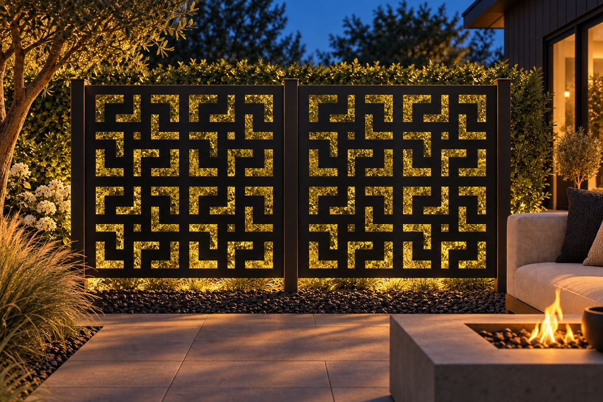Design 264 Greek Key Maze Tile Laser Cut Metal Privacy Screen Panel installed garden night lighting view