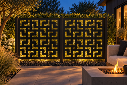 Design 264 Greek Key Maze Tile Laser Cut Metal Privacy Screen Panel installed garden night lighting view