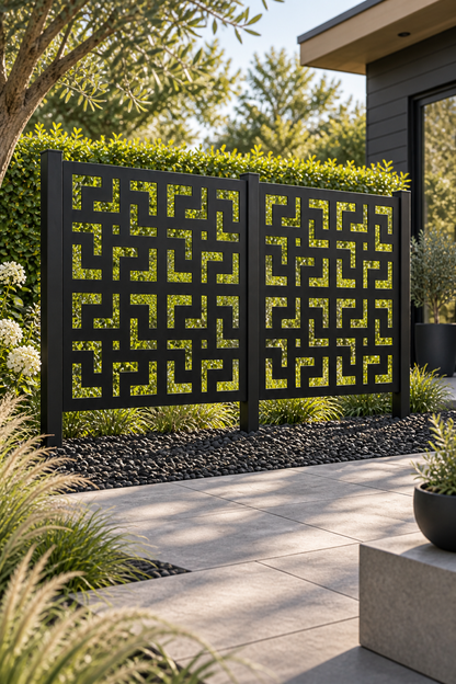 Design 264 Greek Key Maze Tile Laser Cut Metal Privacy Screen Panel oblique angle view