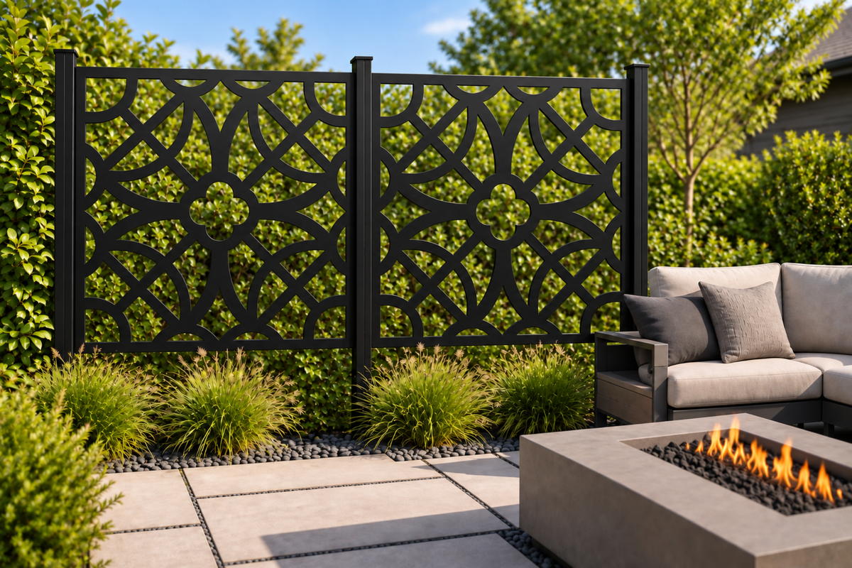 Design 265 Petal Star Lattice Laser Cut Metal Privacy Screen Panel installed garden daylight view