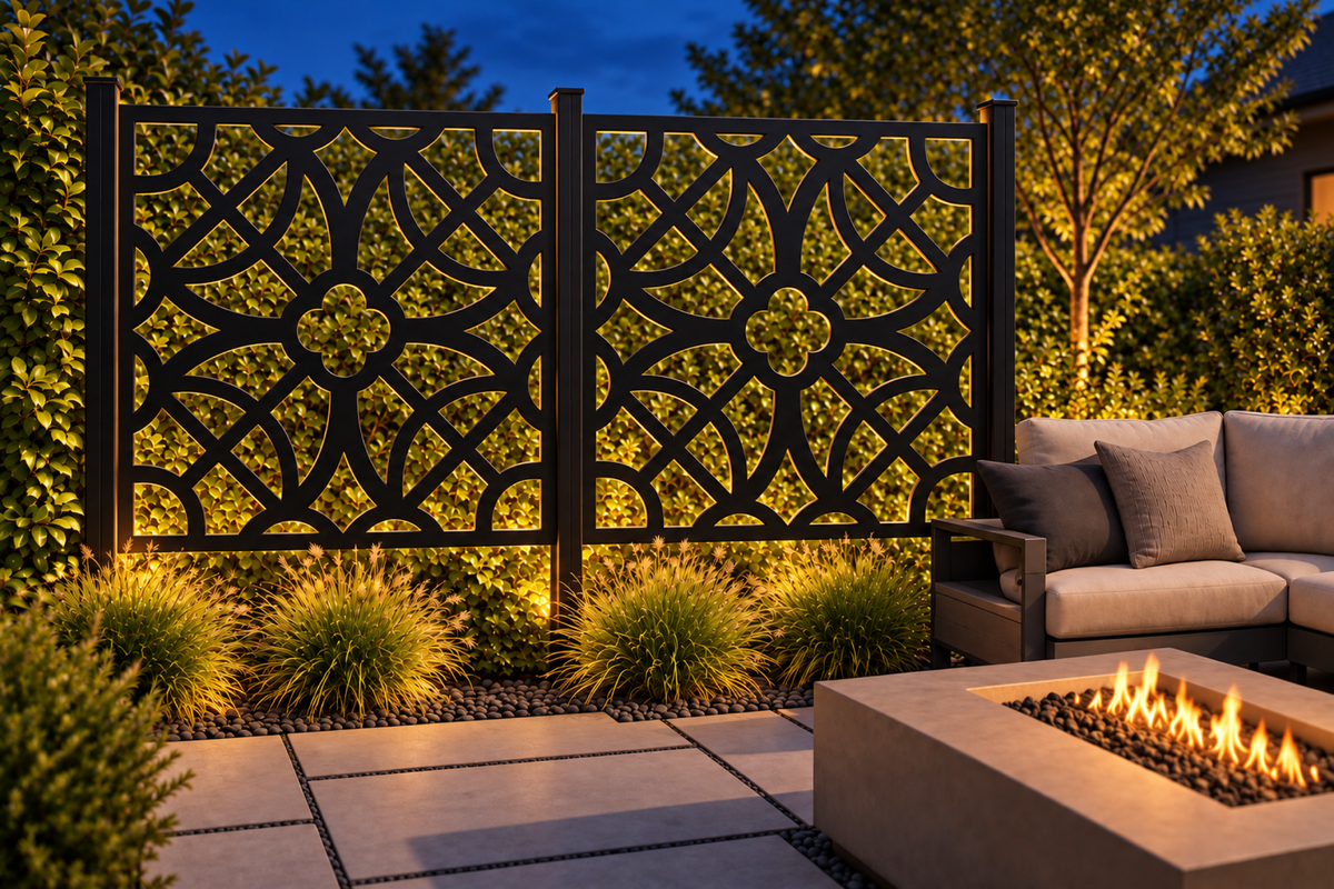 Design 265 Petal Star Lattice Laser Cut Metal Privacy Screen Panel installed garden night lighting view