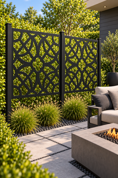 Design 265 Petal Star Lattice Laser Cut Metal Privacy Screen Panel oblique angle view