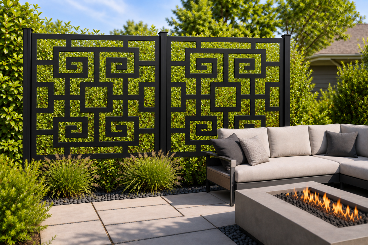 Design 266 Double Greek Key Laser Cut Metal Privacy Screen Panel installed garden daylight view