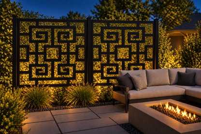 Design 266 Double Greek Key Laser Cut Metal Privacy Screen Panel installed garden night lighting view